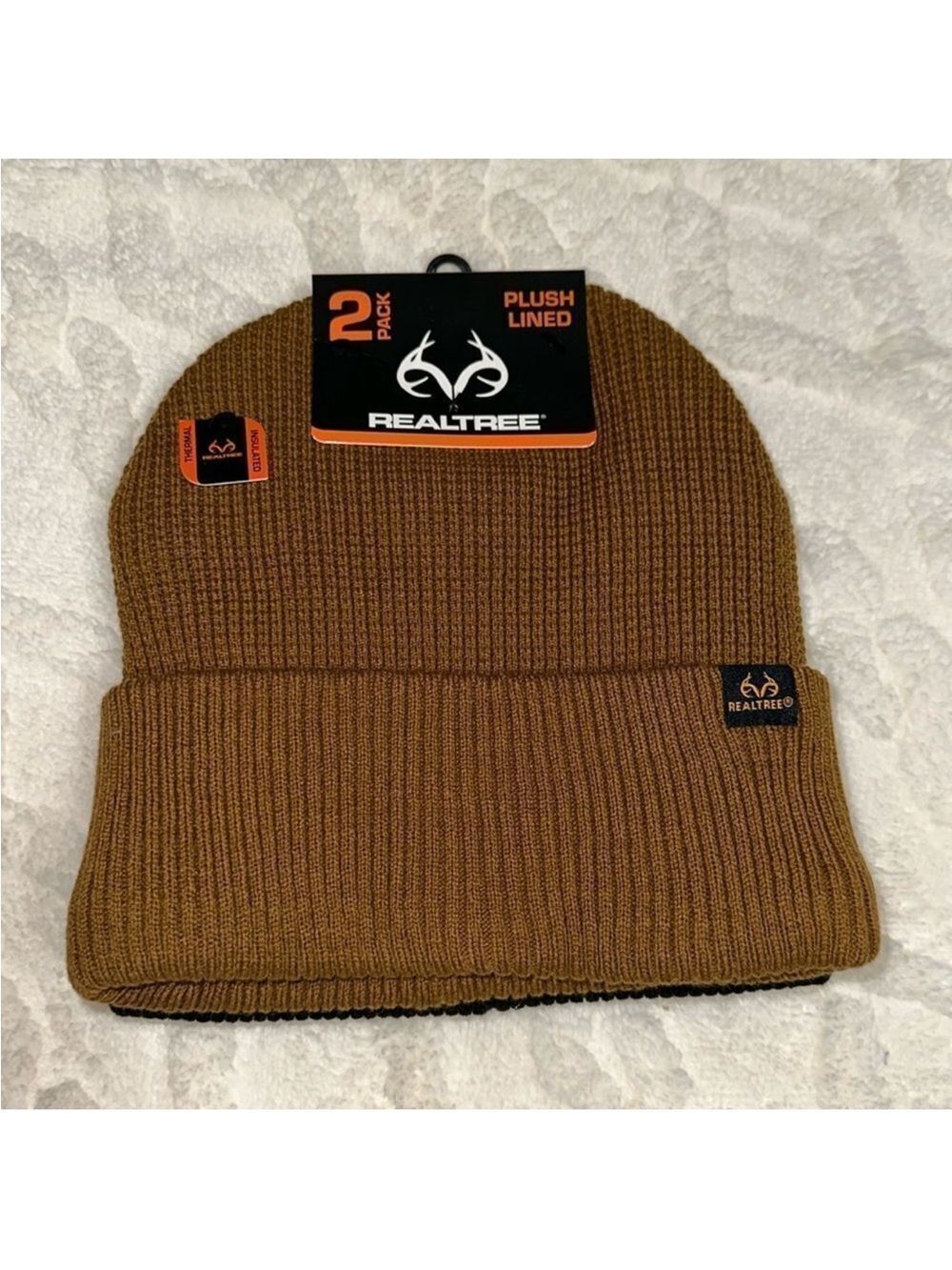 REALTREE Black Ginger Brown 2pc Insulated Knit Thermal Plush Lined Beanies